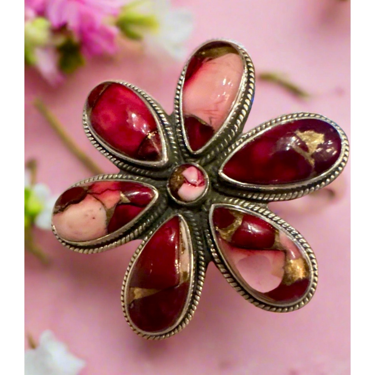 Red Rose Dahlia Flower Cluster Rope Design Ring Size 8