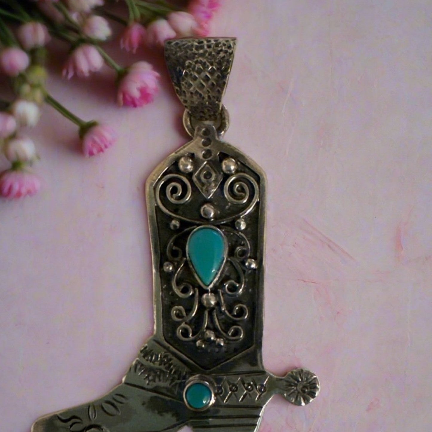 Turquoise Cowboy Boot Sterling Southwestern Pendant 2” Long