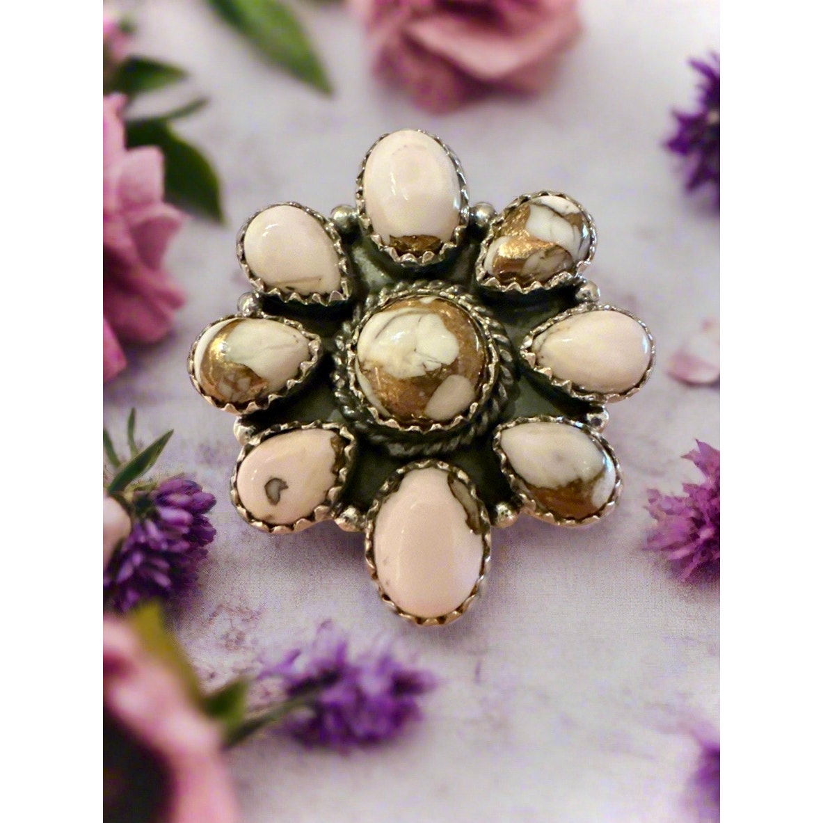 Angel Dahlia Turquoise Cluster Ring Adjustable 5-10
