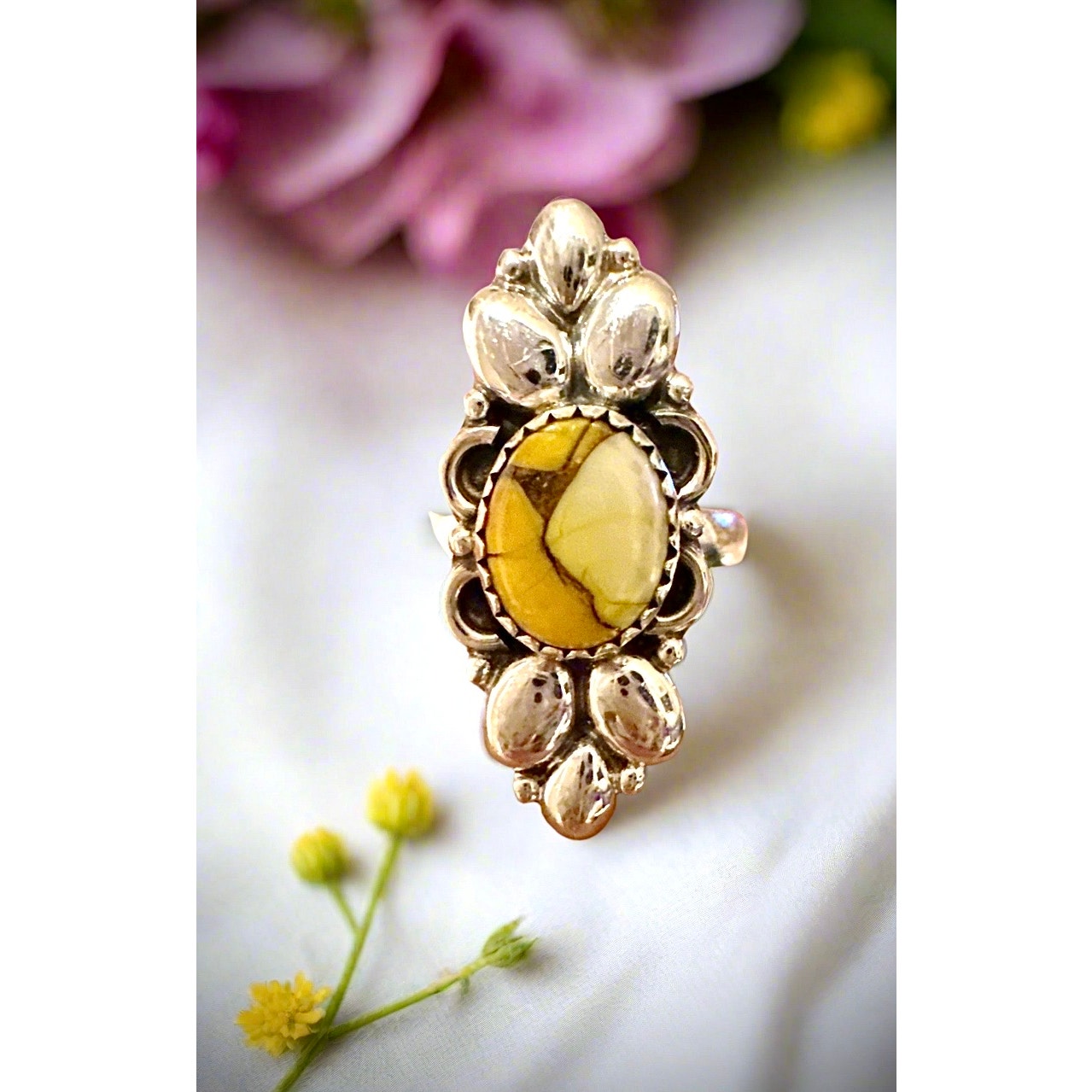 Honey Dahlia Oval Sterling Silver Ring 1.30” Long Size 9
