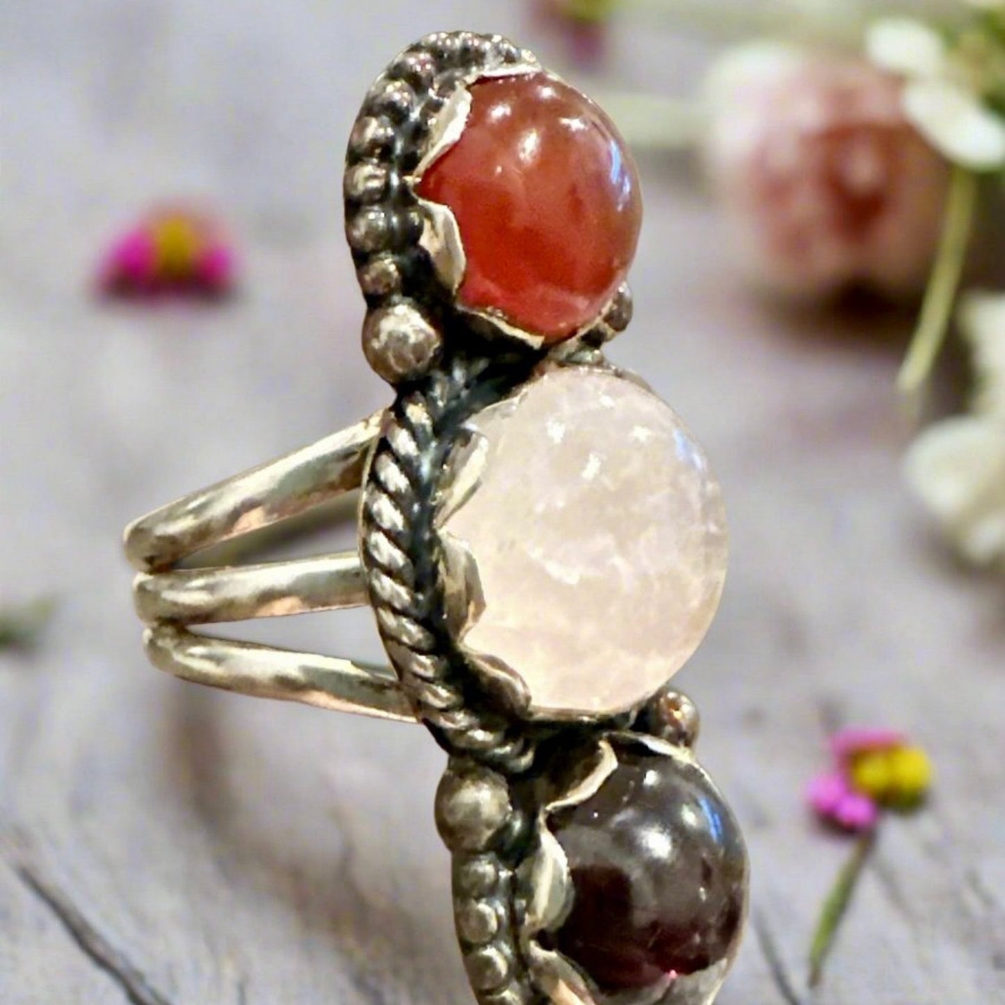 Amazing Raspberry Red Rhodolite, Moonstone & Carnelian Three Stone Ring size 6