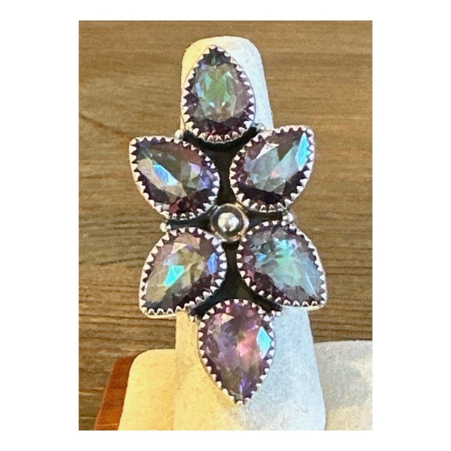 HUGE Teardrop Sawtooth Oxidized Mystic Topaz .925 Ring Adjustable 4-12