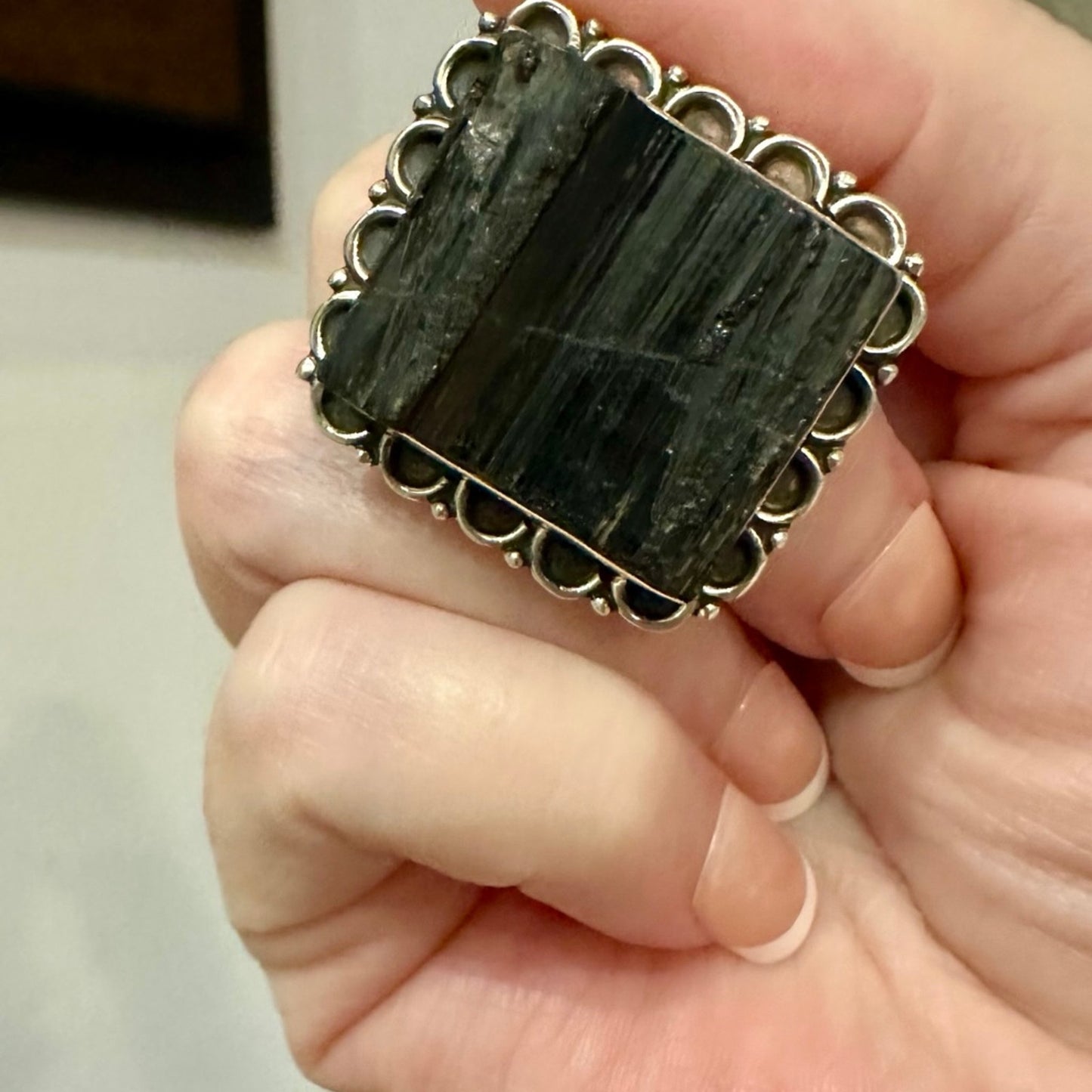Huge Black Tourmaline Square Sterling Silver Ring Size 6