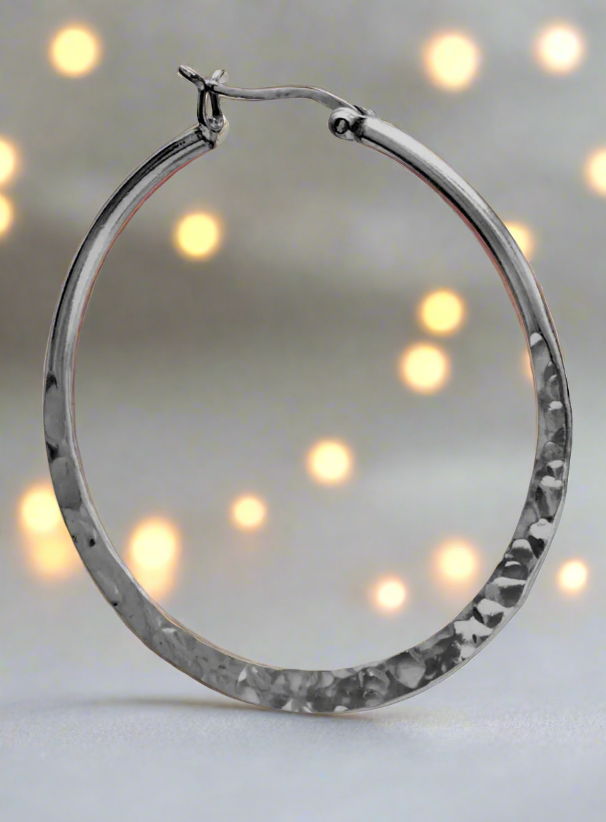 Large Hammered Hoop Earrings .925 Sterling Silver