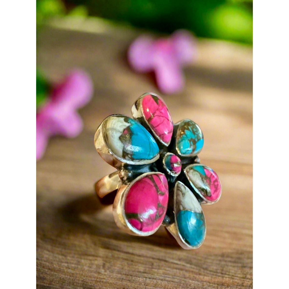Cotton Candy Turquoise Cluster Flower Ring Sterling Size 7