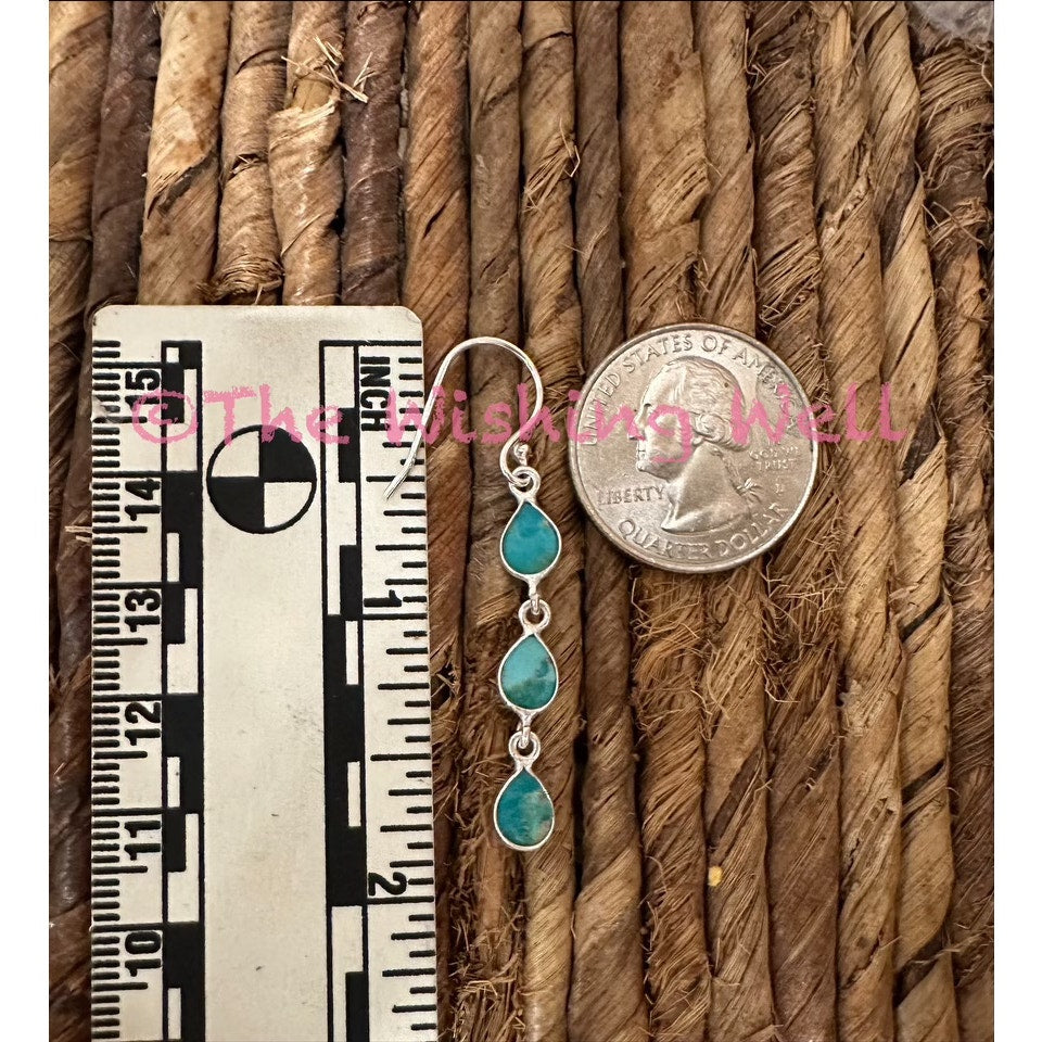 Three Stone Teardrop Turquoise Dangle Earrings| Sterling Silver 2”