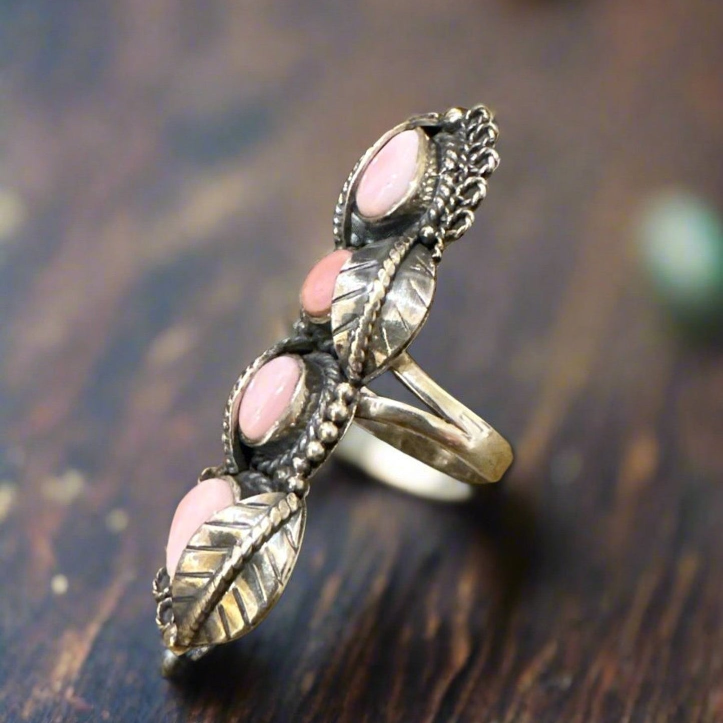 Pink Conch Four Stone Floral Leaf .925 Ring Size 7.25