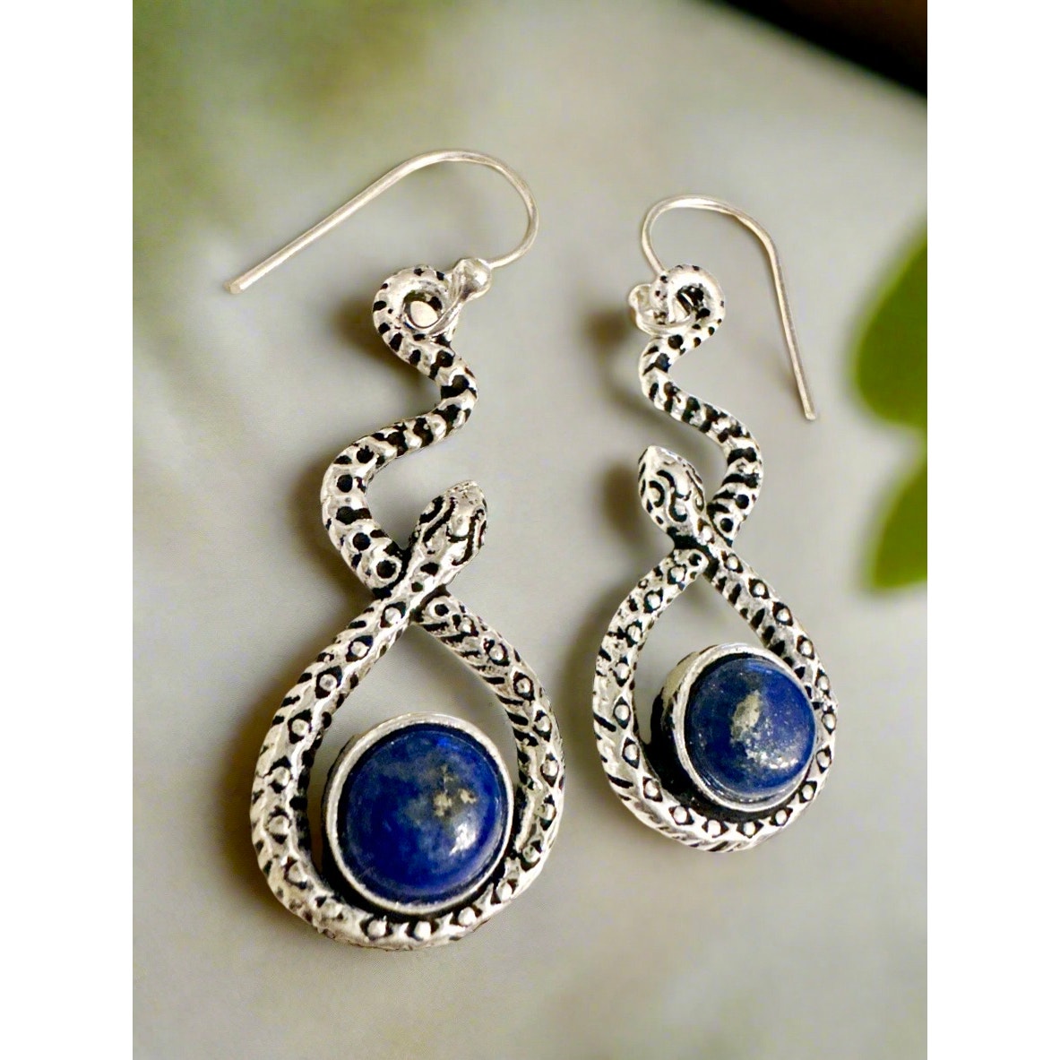 Premium Lapis Lazuli Snake Southwestern Dangle Sterling Earrings 1.75” Long