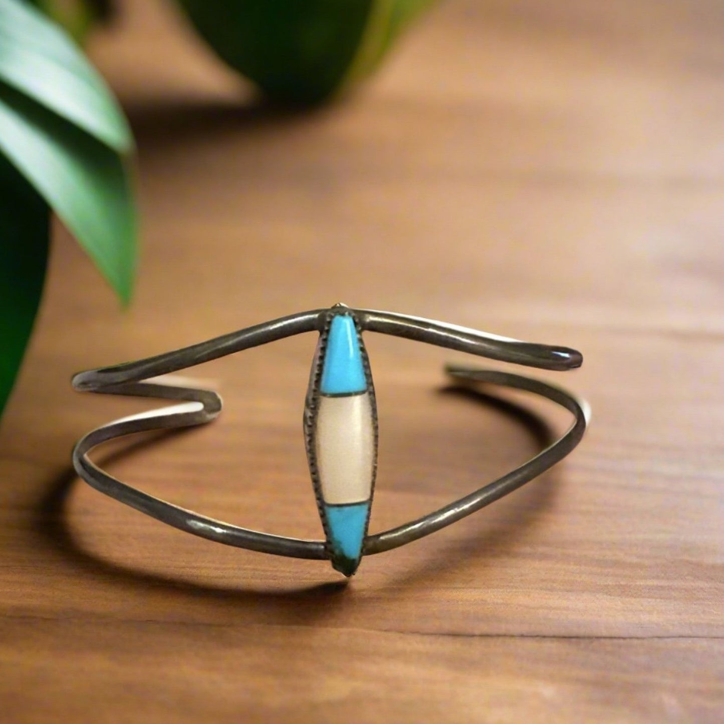 Native American Turquoise Inlay Cuff Bracelet Adjustable