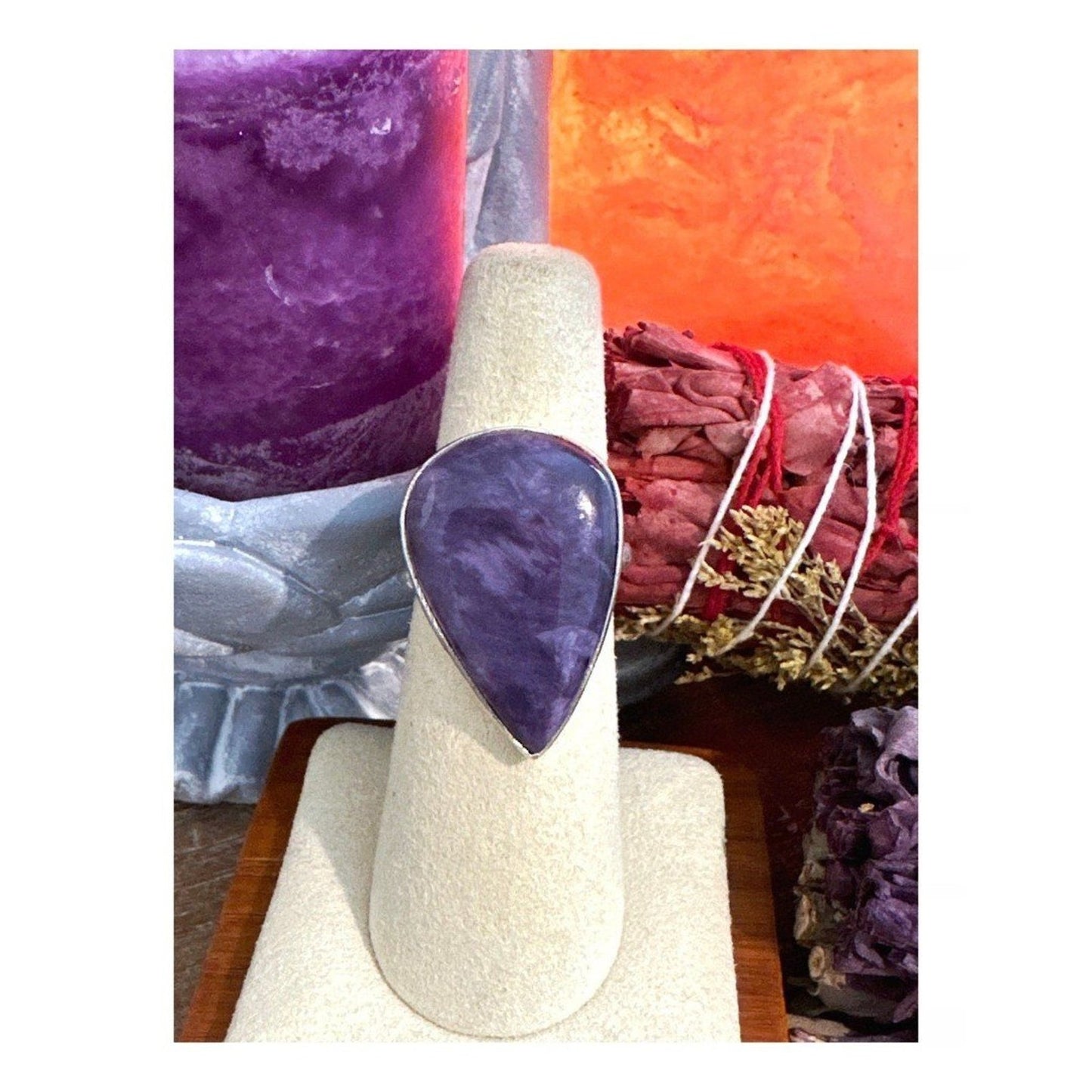 Huge Purple Charoite 925 Sterling Silver Ring Size 8 BOHO