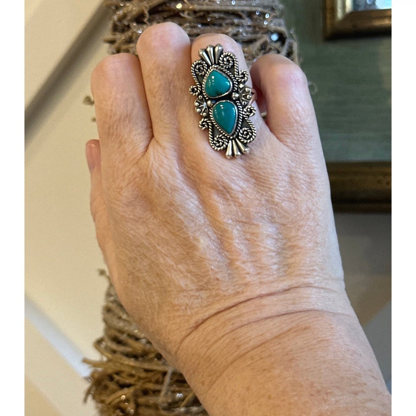Handmade Turquoise, Intricate .925 Sterling Silver Southwestern Ring Size 7
