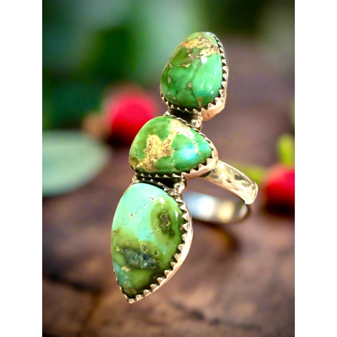 Sonoran Gold Turquoise Three Stone Ring Sterling Adjustable 5-10