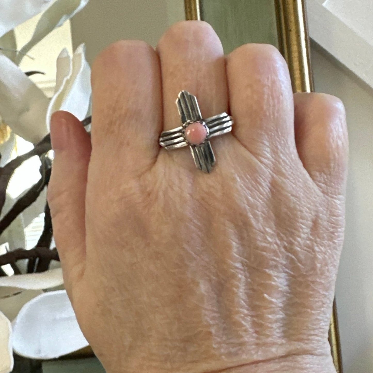 Pink Conch Zia Cross Sterling Silver Ring Size 10