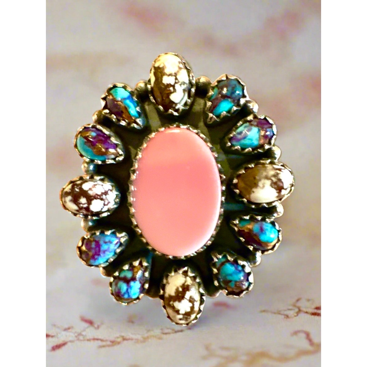 Queen Pink Conch Wild Horse Jasper & Purple Mojave Cluster Ring Adjustable 6-10