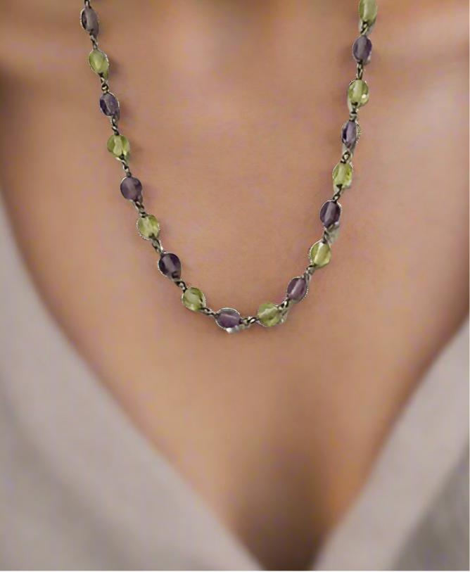 Natural Amethyst & Citrine Necklace .925 18-19.5"Stamped .925 clasp adjustable.