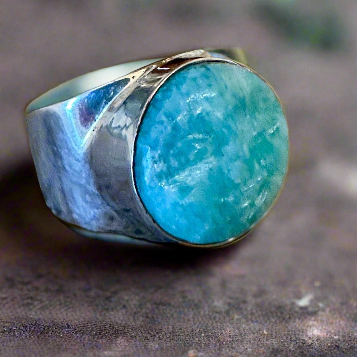 Custom made Carved Moon Face Amazonite .925 Ring 7.25