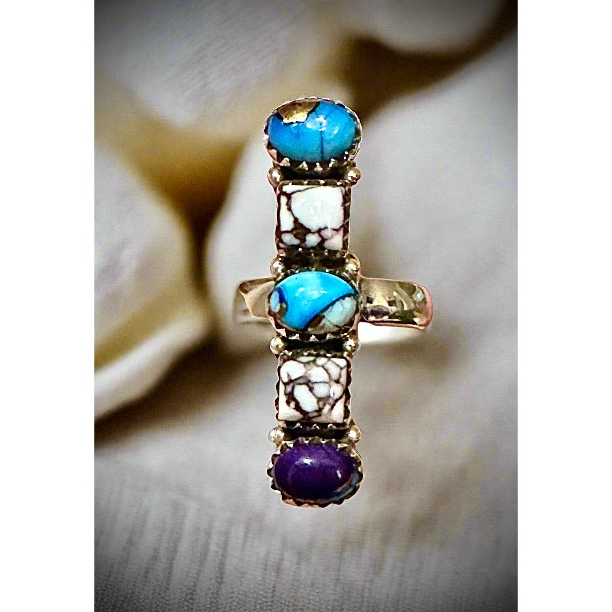 Ice Blue Dahlia Purple Dahlia & Wild Horse Fove Stone Long Ring Adjustable 5-11
