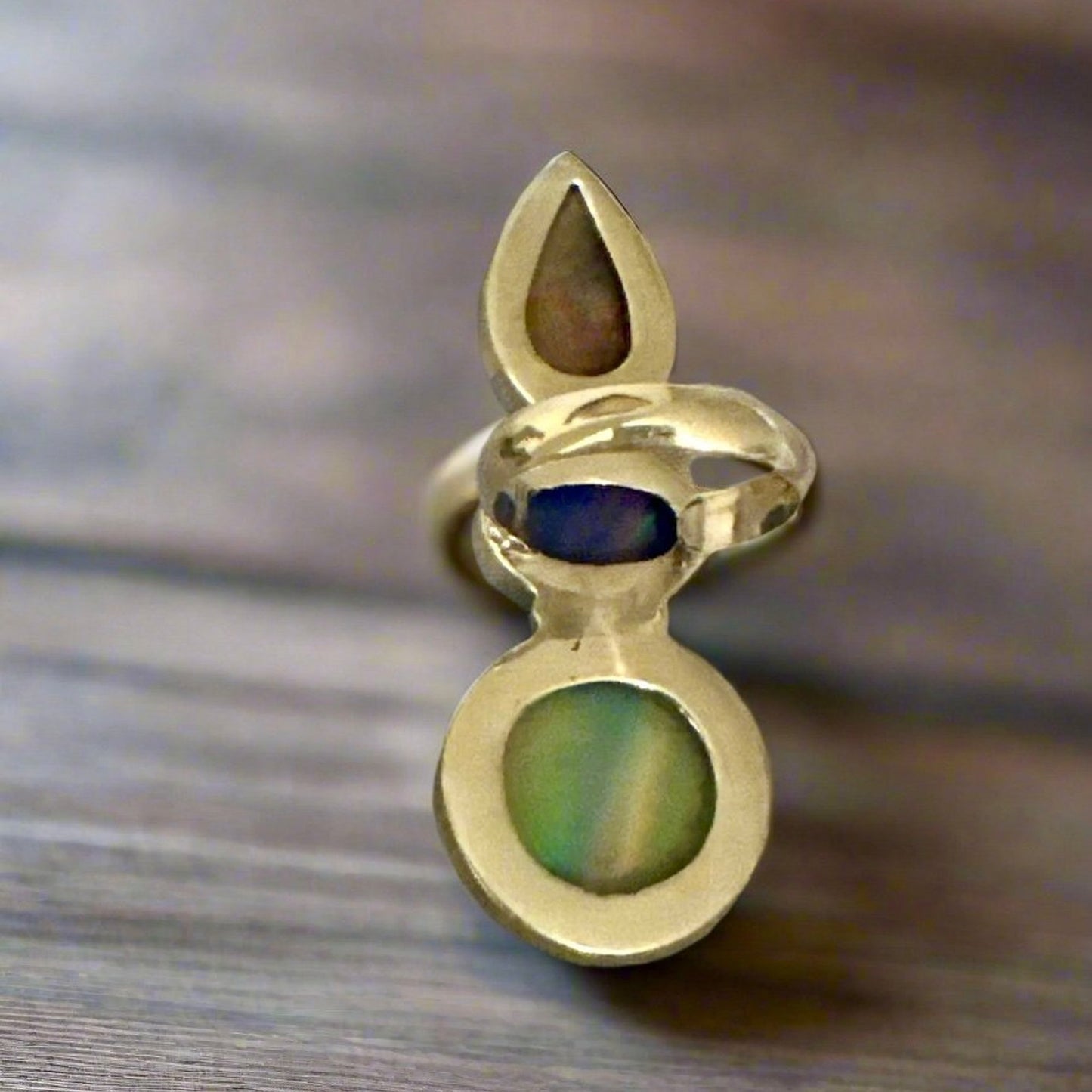 Three Stone Aurora Opal Faceted Handmade Sterling Silver Ring Adjustable