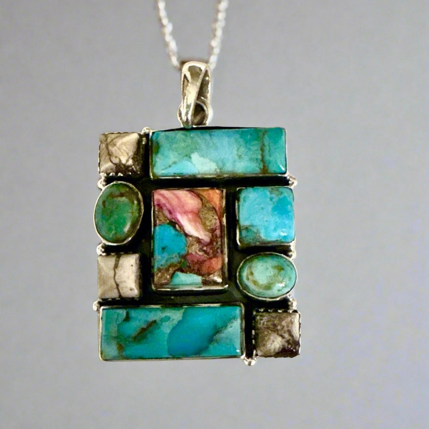 Pink Dahlia. Wild Horse Jasper & Turquoise Square Pendant 1.25x1.25 inches