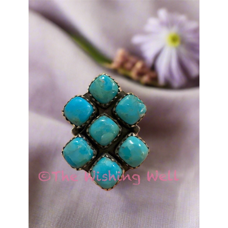 Kingman Blue Turquoise Cluster Ring | Sterling Silver| Size 7