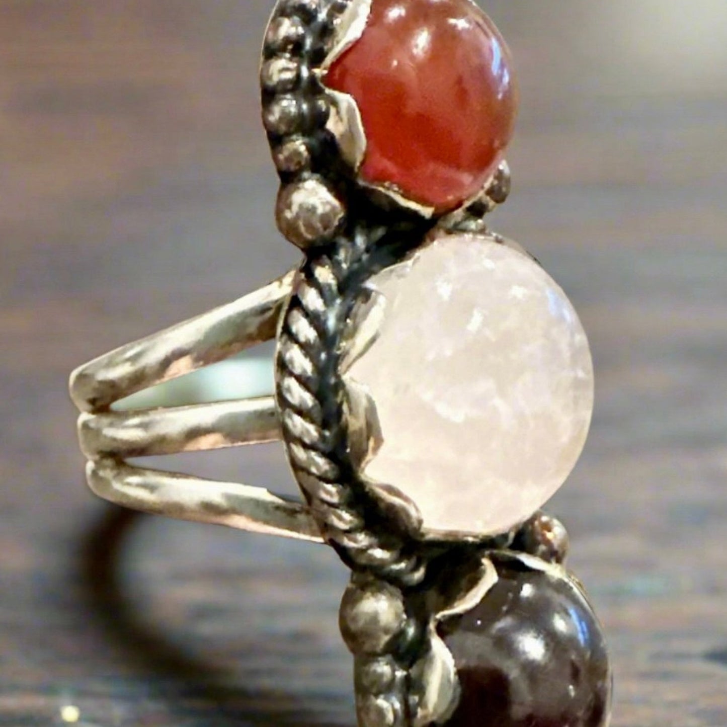 Amazing Raspberry Red Rhodolite, Moonstone & Carnelian Three Stone Ring size 6