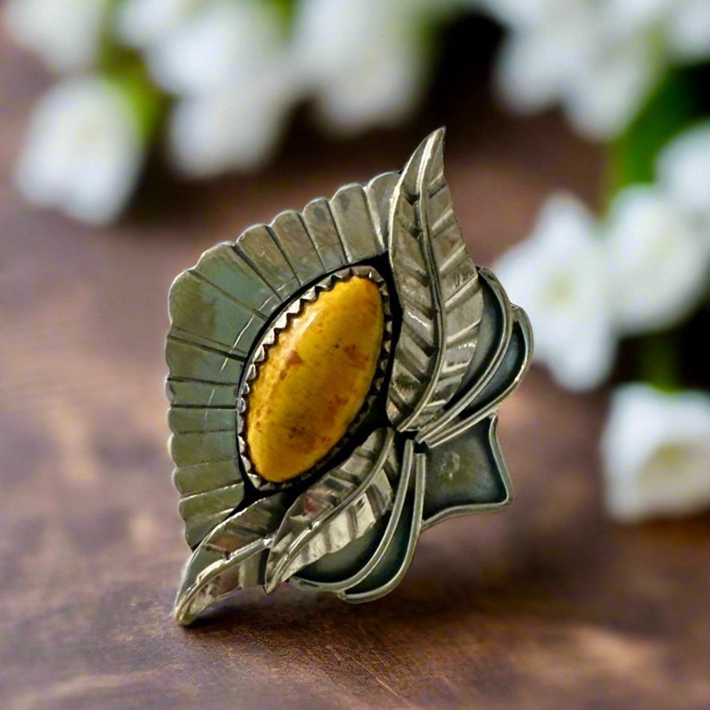 Bumblebee Jasper leaf/feather floral design southwestern ring size 7