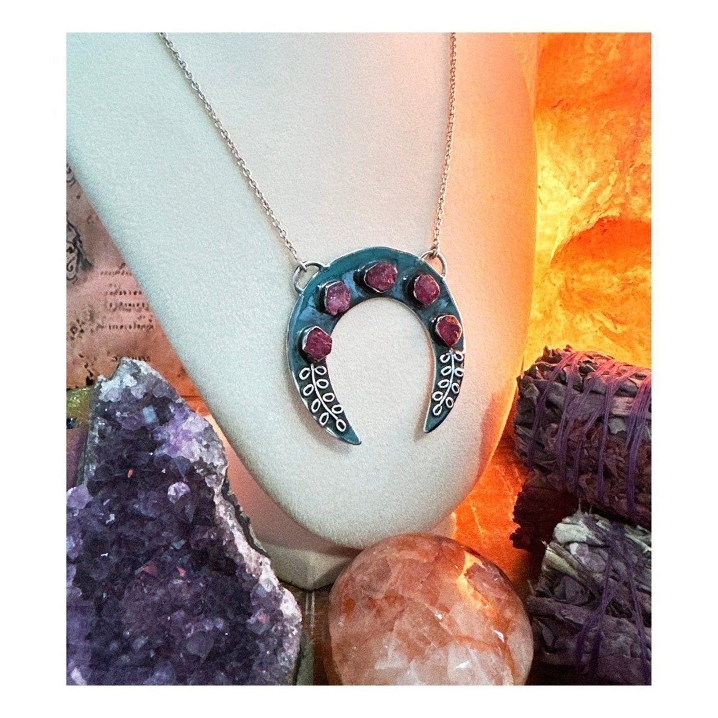 Handmade Oxidized Sterling Silver Crescent Moon Necklace w Rough Ruby Gemstones