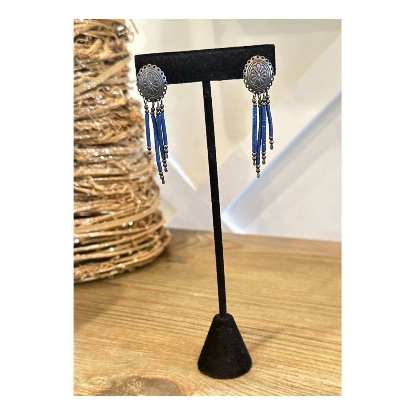 Vintage Sterling Silver Dangle Earrings with Lapis Lazuli 2"