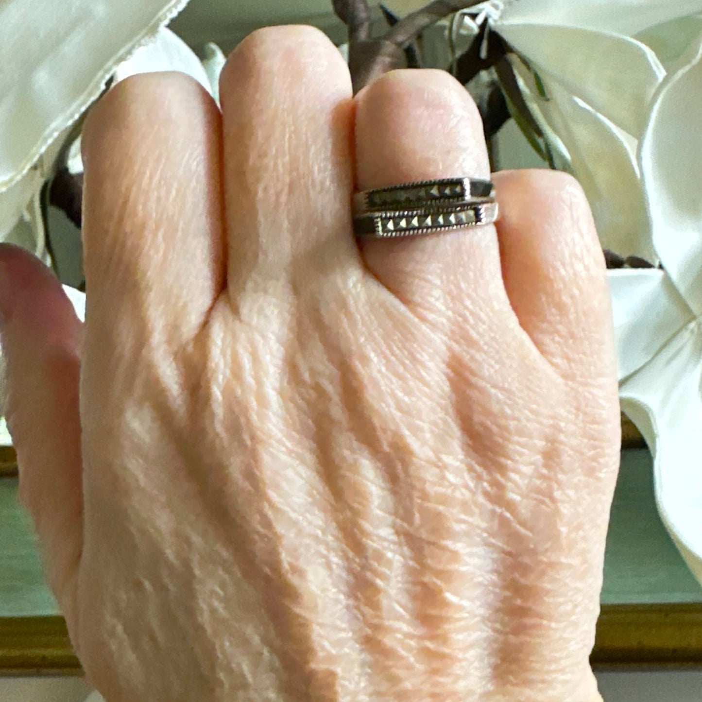 Vintage Onyx & Diamond Illusion Abstract Ring Size 7