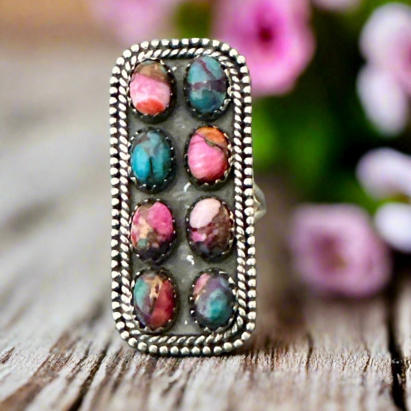 Handmade Pink Dahlia Long Native American Style Ring Sterling Silver Size 8