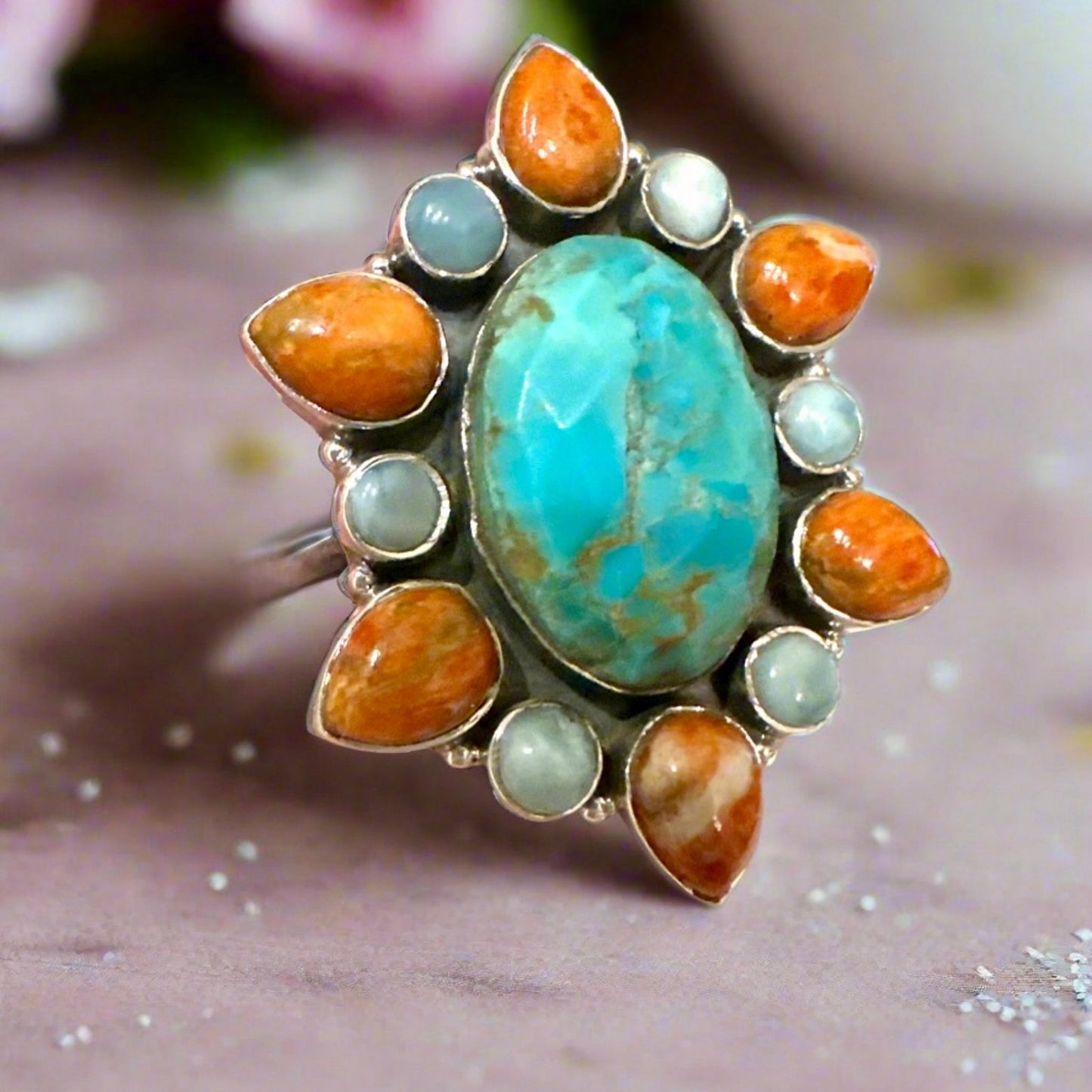 Faceted Mohave Turquoise Spiny Oyster & Larimar Statement Ring 1.75” Long