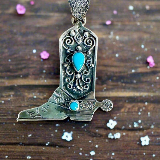 Turquoise Cowboy Boot Sterling Southwestern Pendant 2” Long