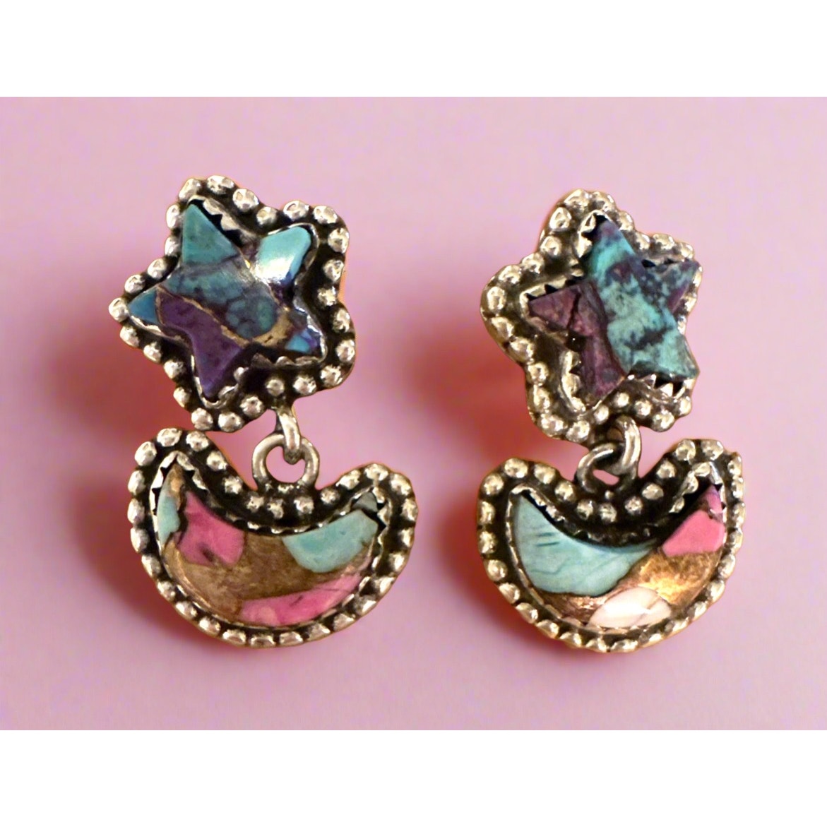 Cotton Candy Turquoise Star Moon Dangle Earrings 1”