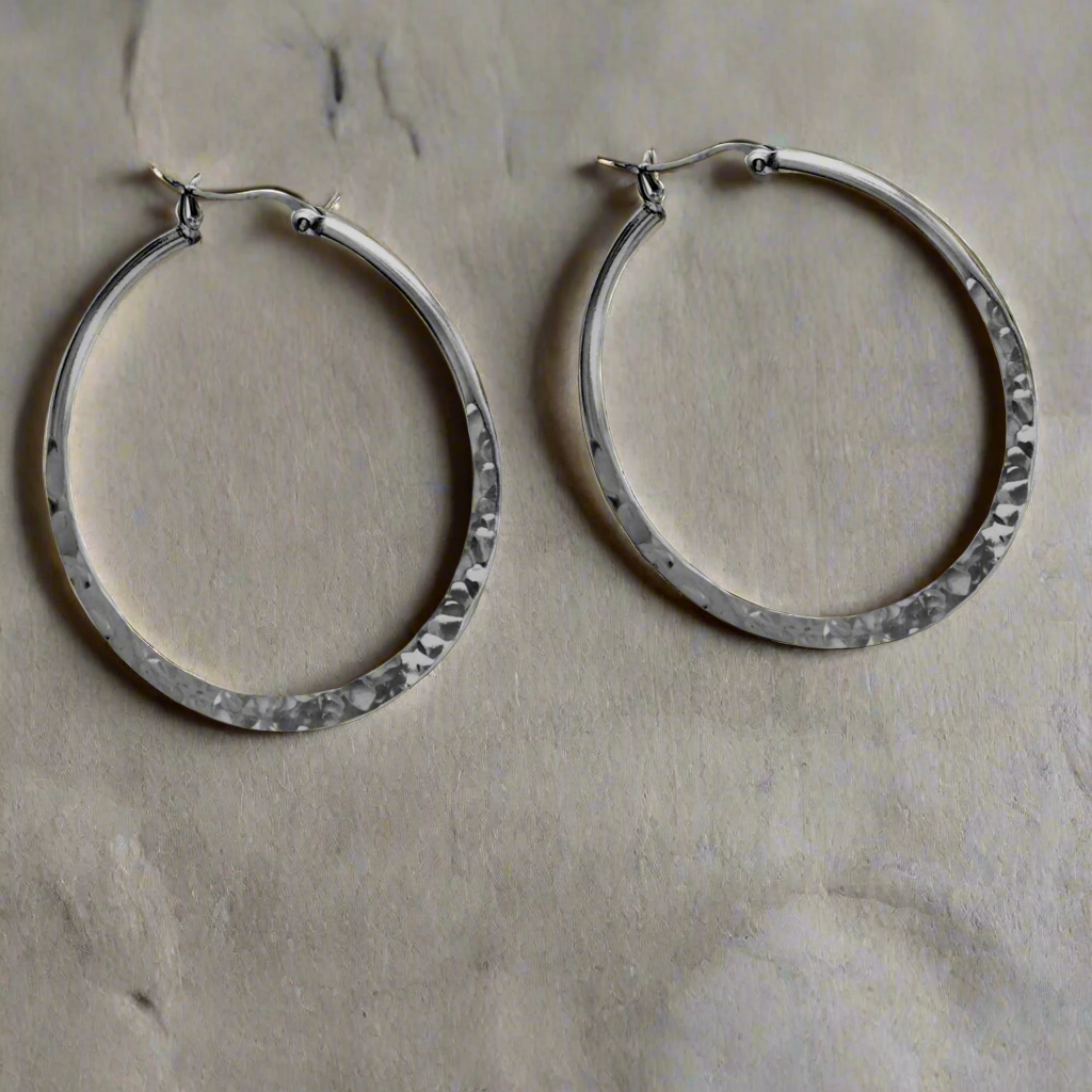 Large Hammered Hoop Earrings .925 Sterling Silver