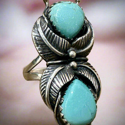 Two Stone Green Turquoise Leaf Design Sterling Ring Size 6.75