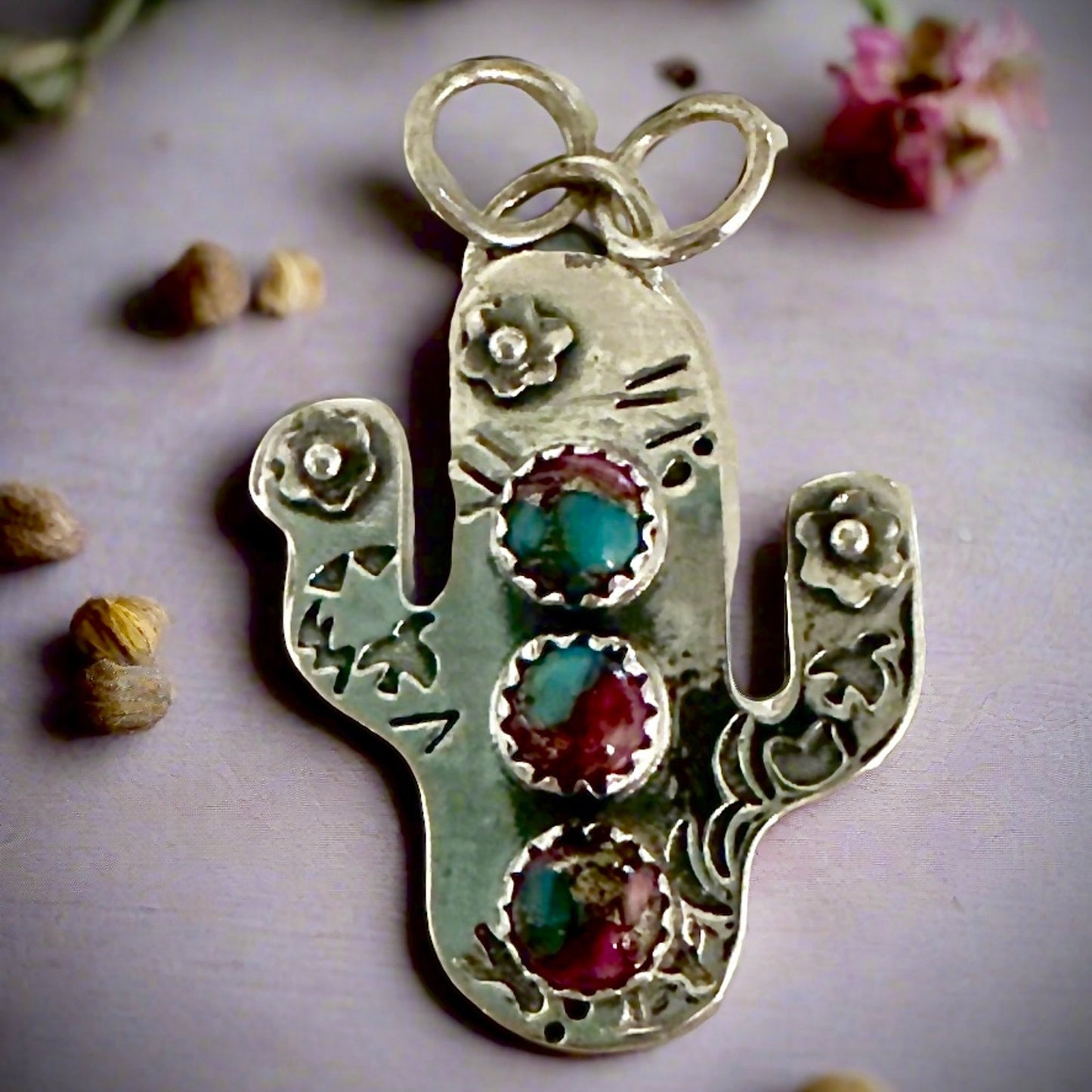 PICK One Southwestern Sterling Silver Gemstone Cactus Pendant 1.25”