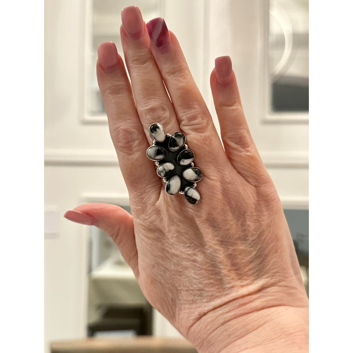 White Buffalo Southwestern Cluster Sterling Silver RIng Adjustable in Size