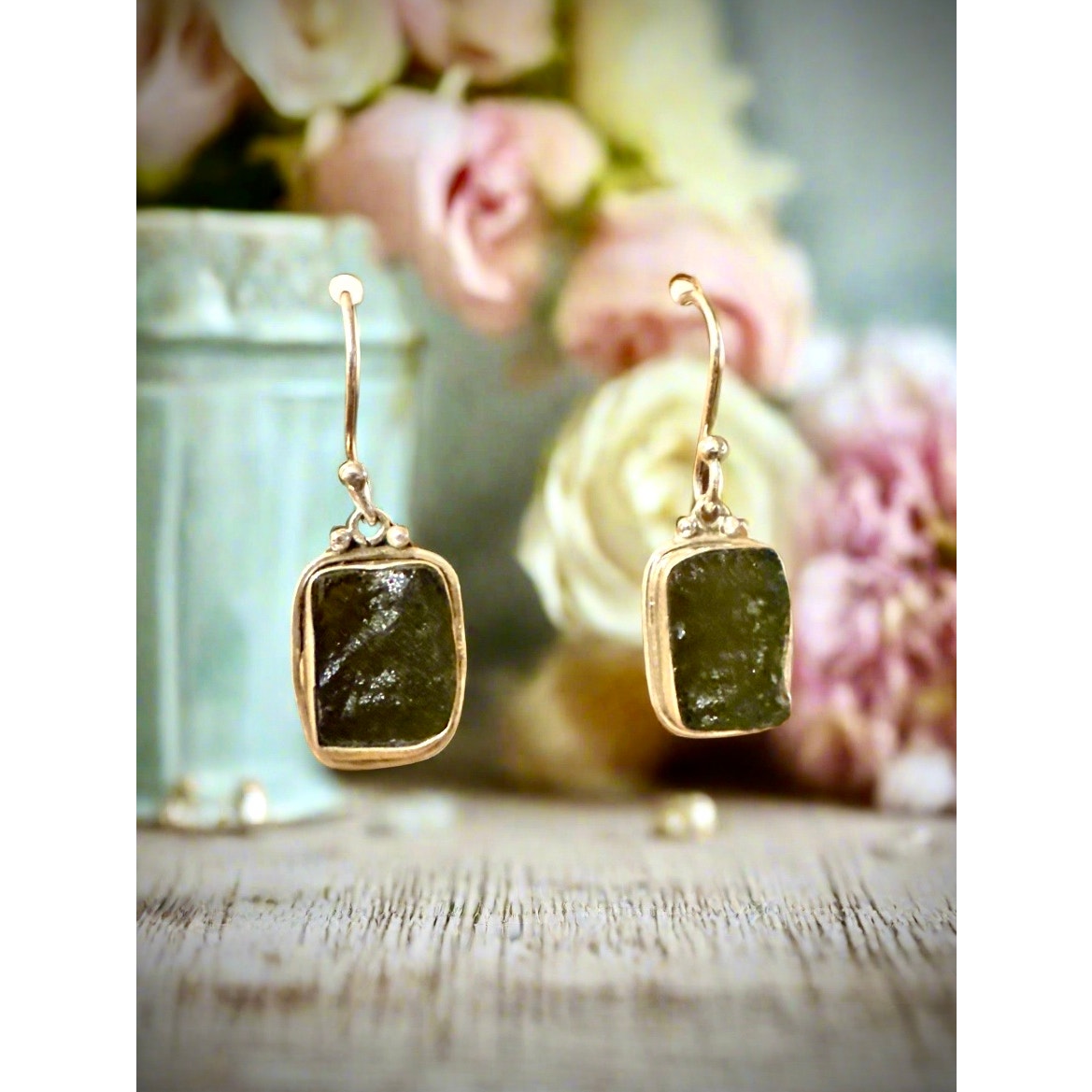 Rough Square Moldavite 925 Sterling Silver Dangle Earrings 1.5”