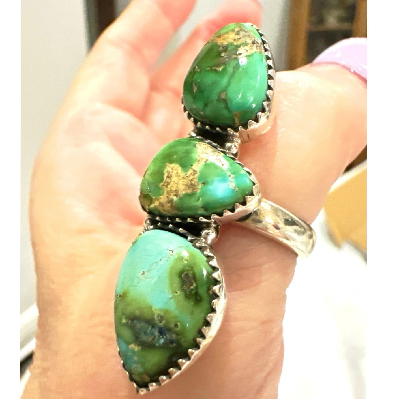Sonoran Gold Turquoise Three Stone Ring Sterling Adjustable 5-10