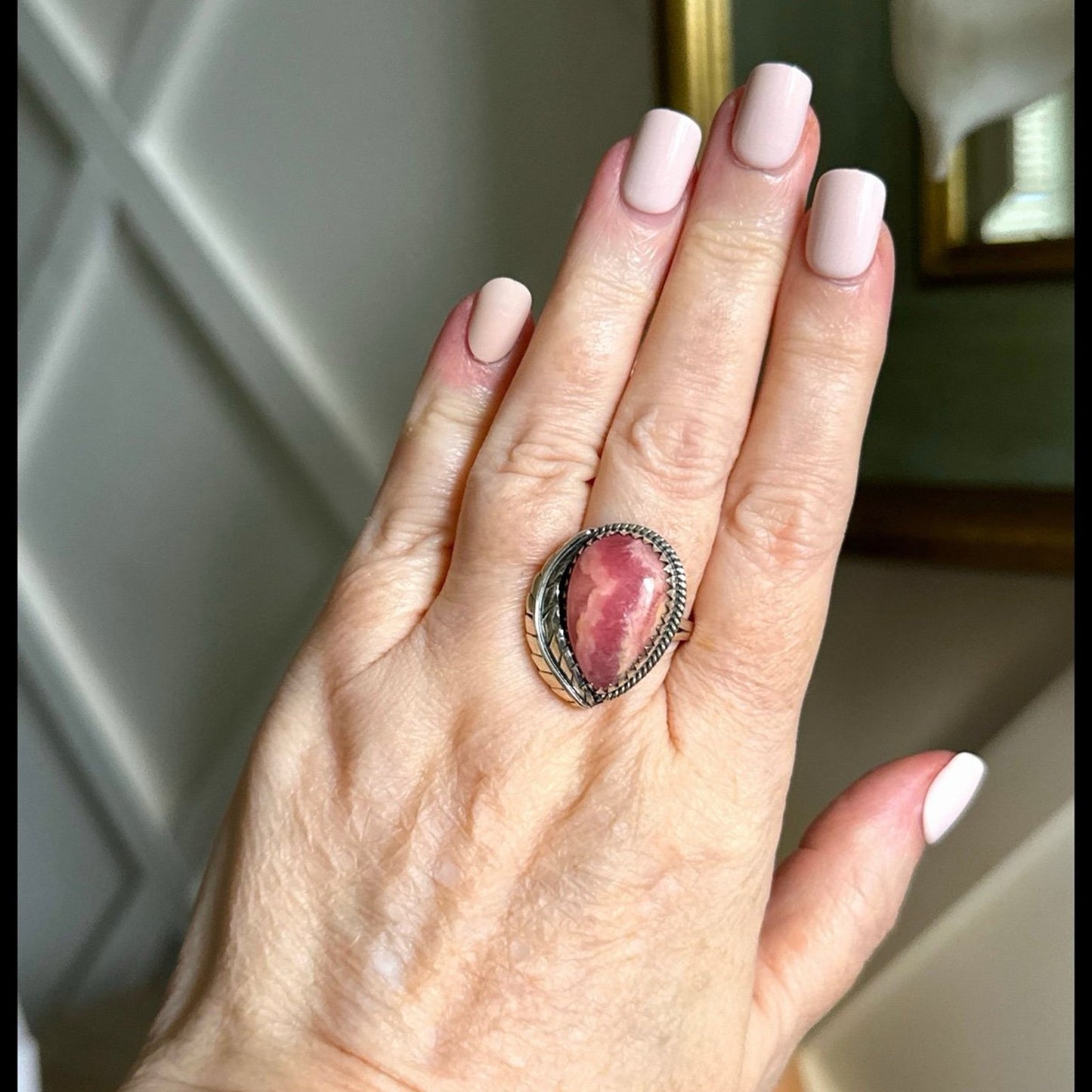 Rhodochrosite Sawtooth Leaf Design Southwestern Ring Size 8.75
