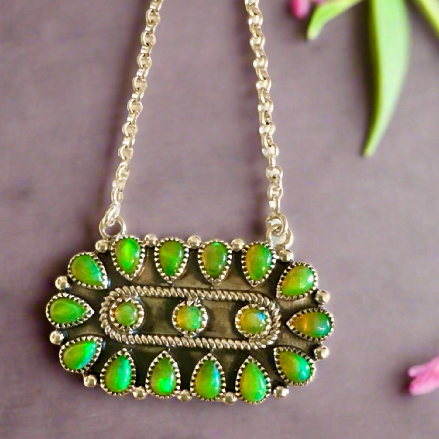 Green Opal Oval Shaped Sterling Silver 925 Necklace Adjustable 18”