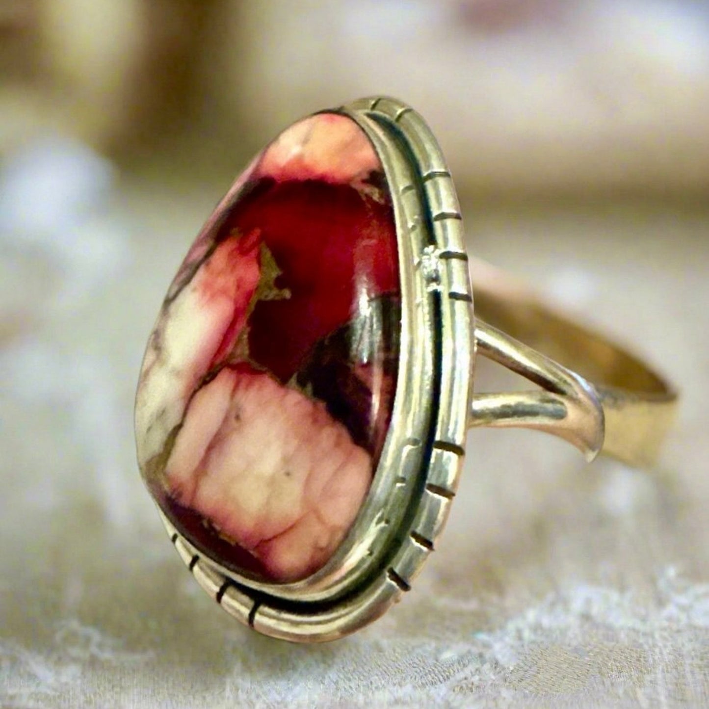 Pink Red Rose Dahlia Sterling Silver Ring Size 6