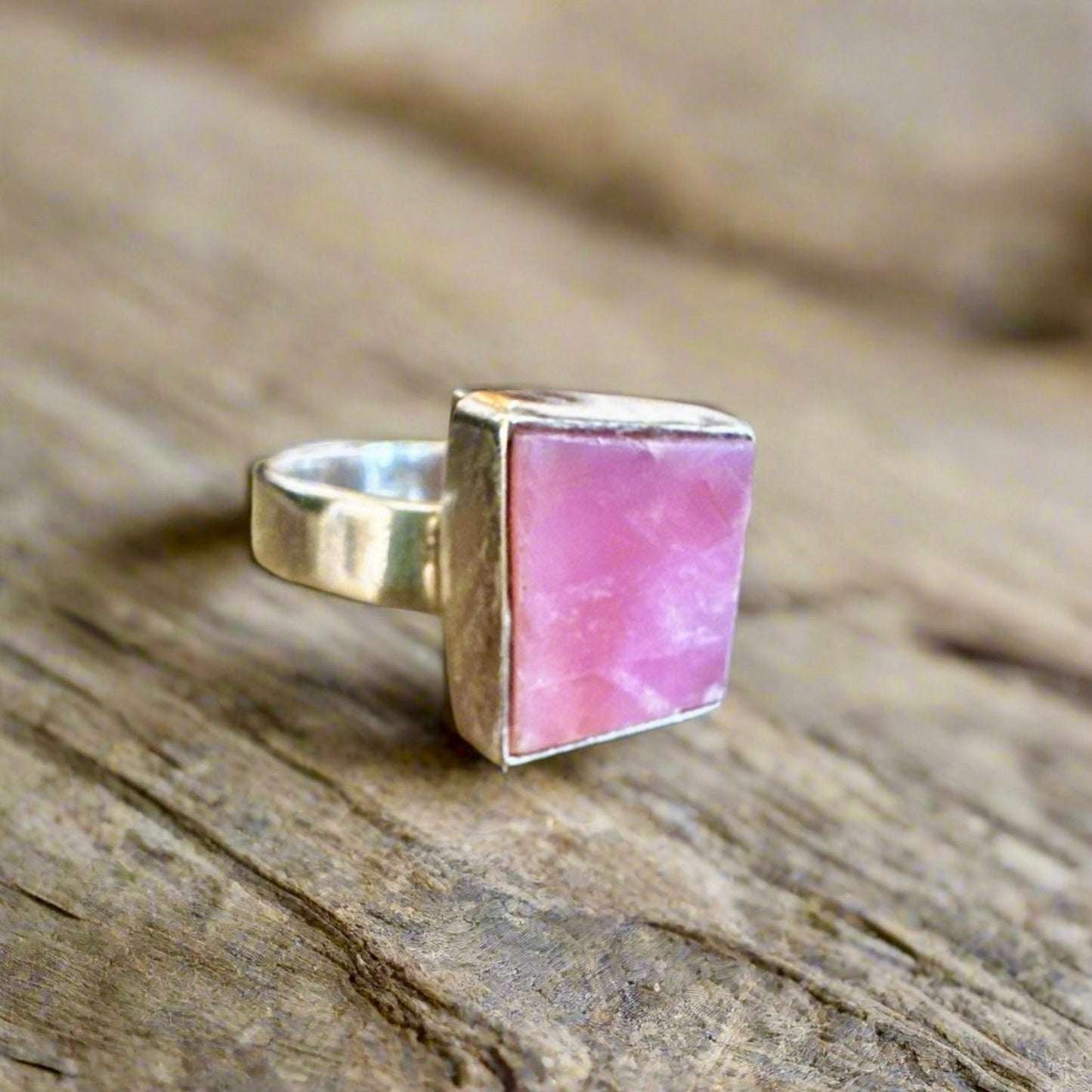 Rough Pink Opal Square Sterling Silver Ring Size 7