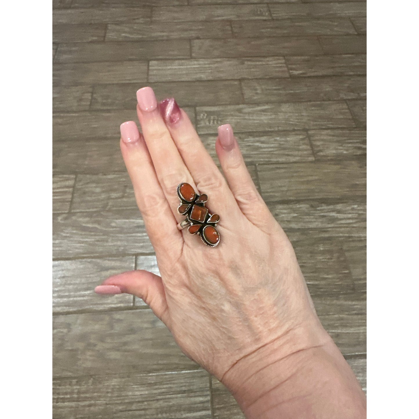 Coral Southwestern Sterling Silver Ring Adjustable Size 5-12