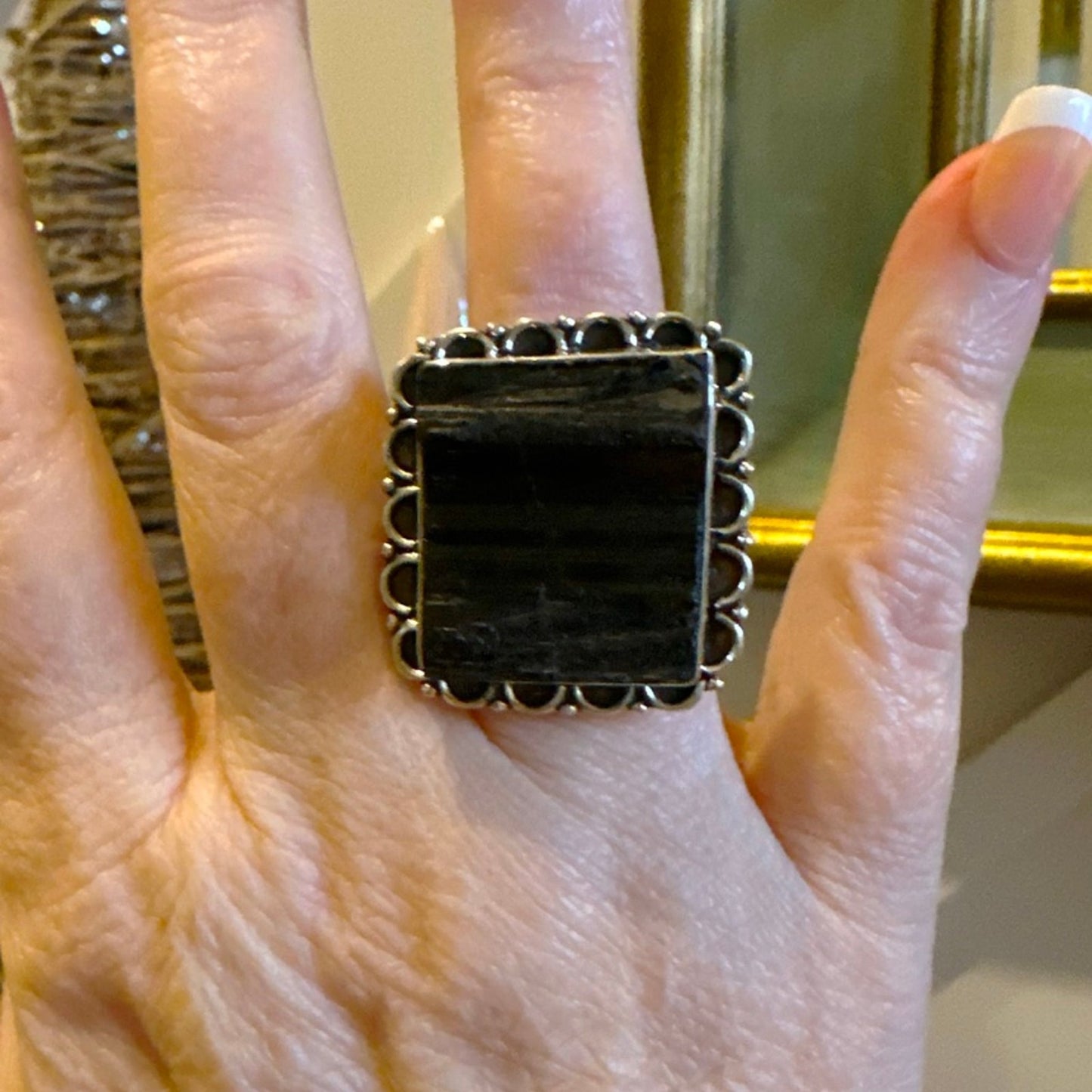 Huge Black Tourmaline Square Sterling Silver Ring Size 6