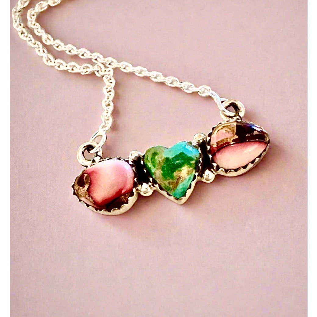 Sonoran Gold Turquoise & Rose Dahlia Heart Necklace 16-18”
