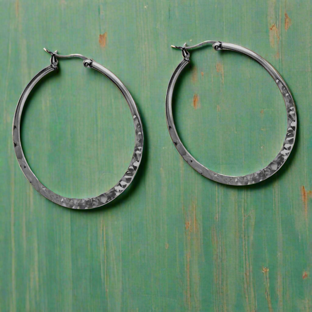 Large Hammered Hoop Earrings .925 Sterling Silver