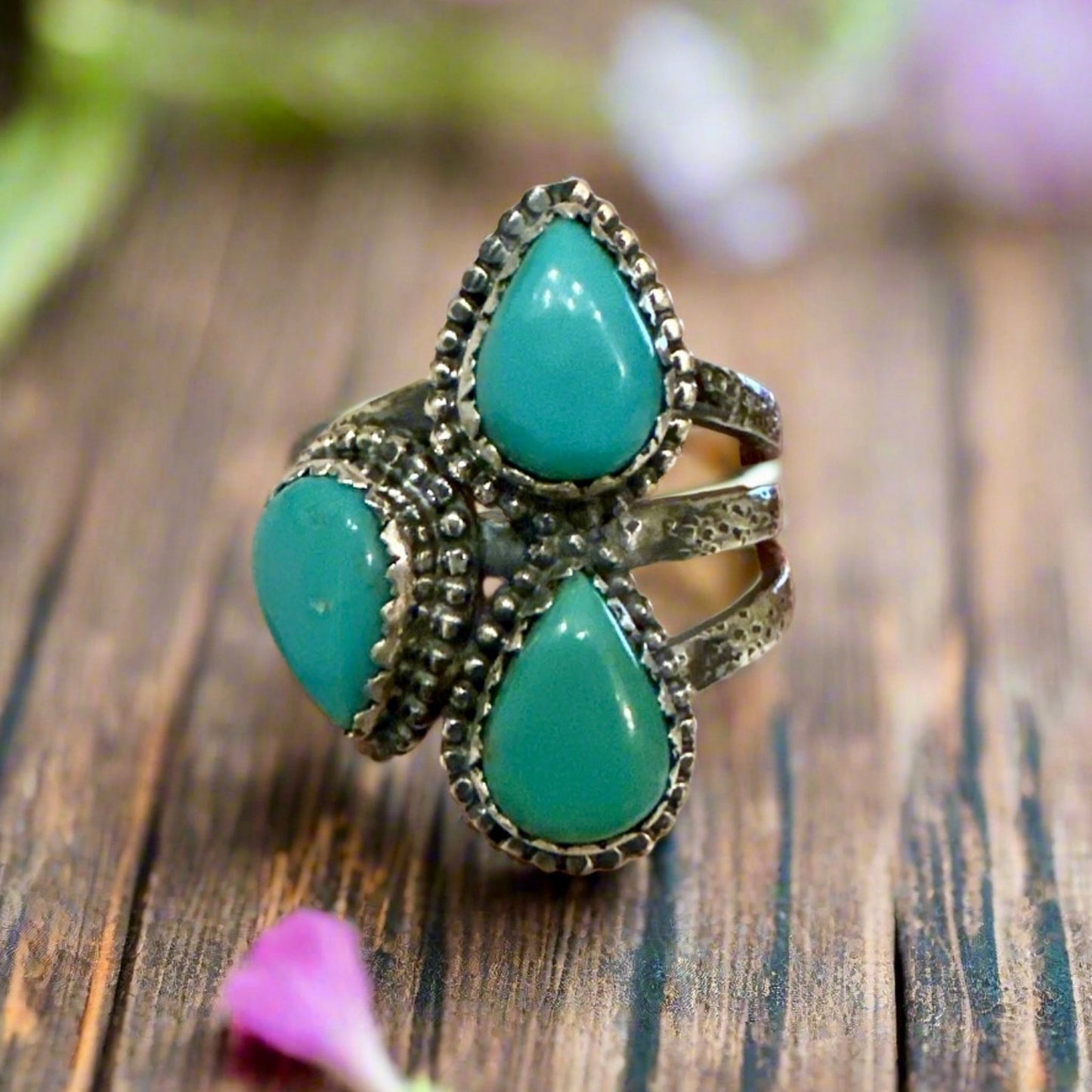 Three Stone Green Turquoise Teardrop Pear Ring Size 9
