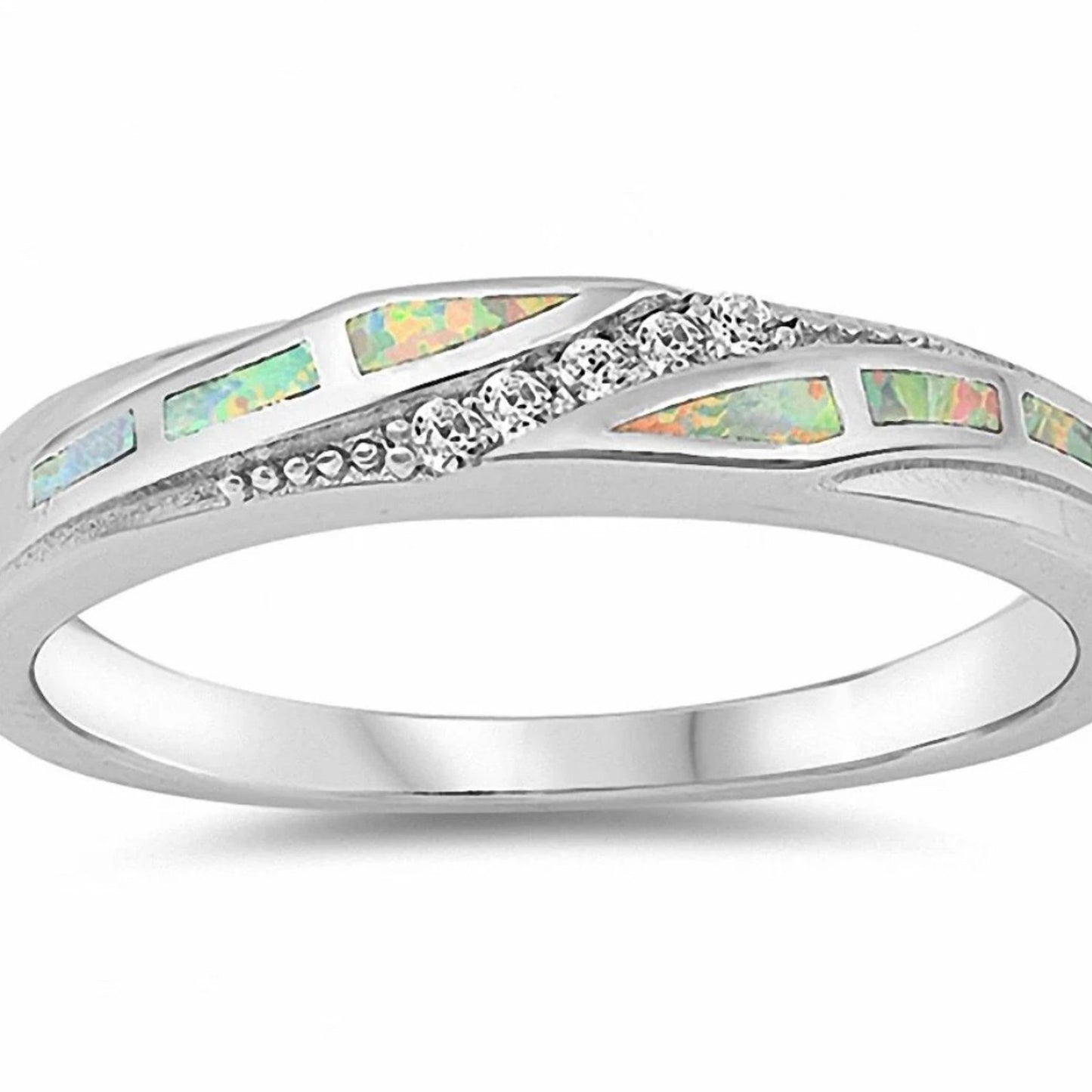 Half Eternity Band Ring Lab Created White Opal 925 Sterling Silver