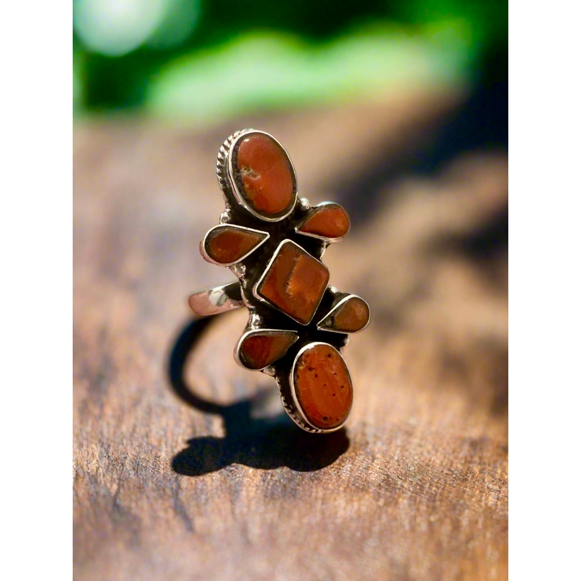 Coral Southwestern Sterling Silver Ring Adjustable Size 5-12